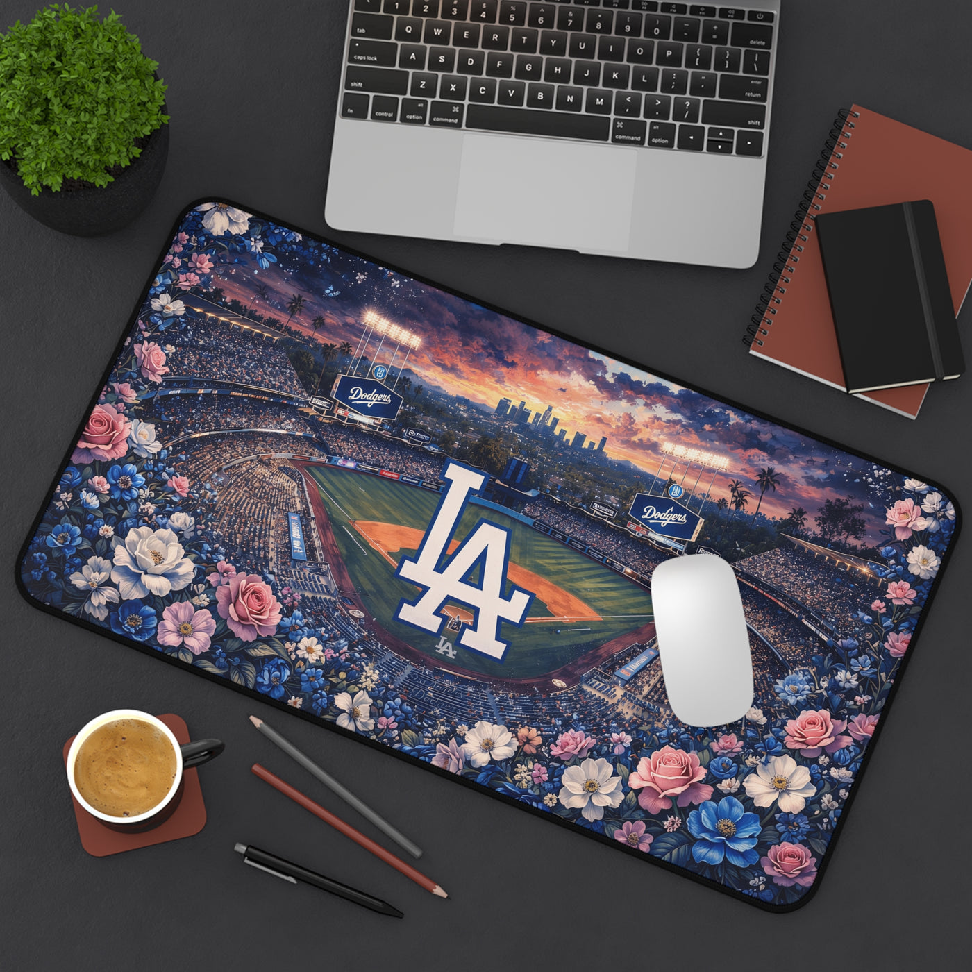 LA Dodgers Floral Desk Mat — Baseball Playmat with Team Logo & Floral Border